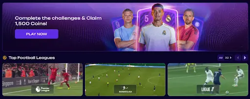 Promotionsbanner mit Fußballstars, Sammel-Challenges für 1.500 Coins und Übersicht der Top-Fußballligen wie Premier League, Bundesliga und Ligue 1