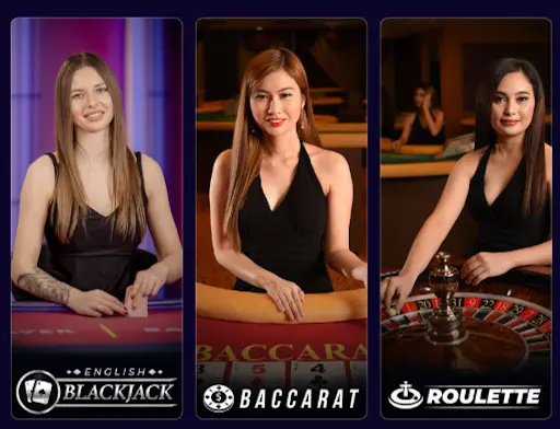 Live-Casino-Auswahl mit Blackjack-, Baccarat- und Roulette-Tischen, präsentiert von professionellen Live-Dealern