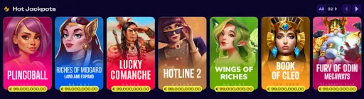 Hot-Jackpot-Spielauswahl mit beliebten Slots wie Plingoball, Riches of Midgard, Lucky Comanche, Hotline 2, Wings of Riches, Book of Cleo und Fury of Odin Megaways